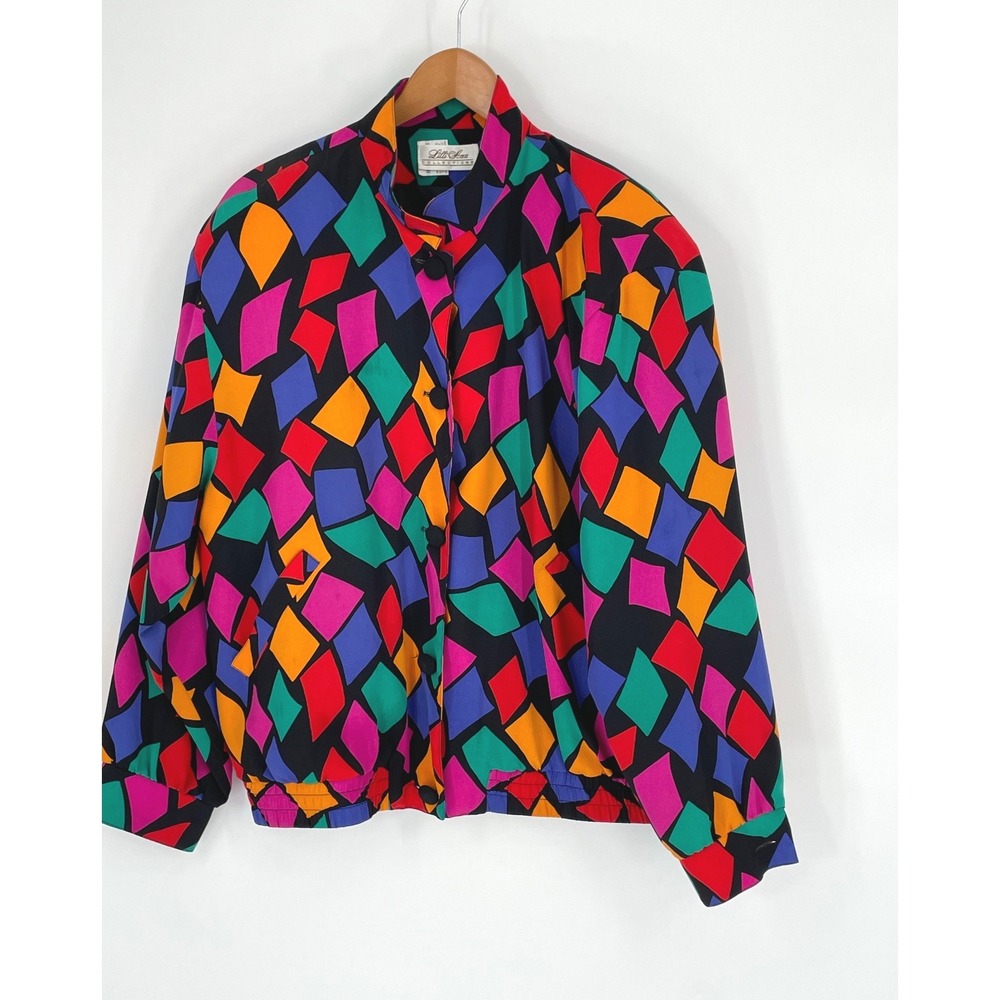 VTG Lilli Ann Women Jacket L Silk ? Bomber Multi-Color Geometric Diamond Print